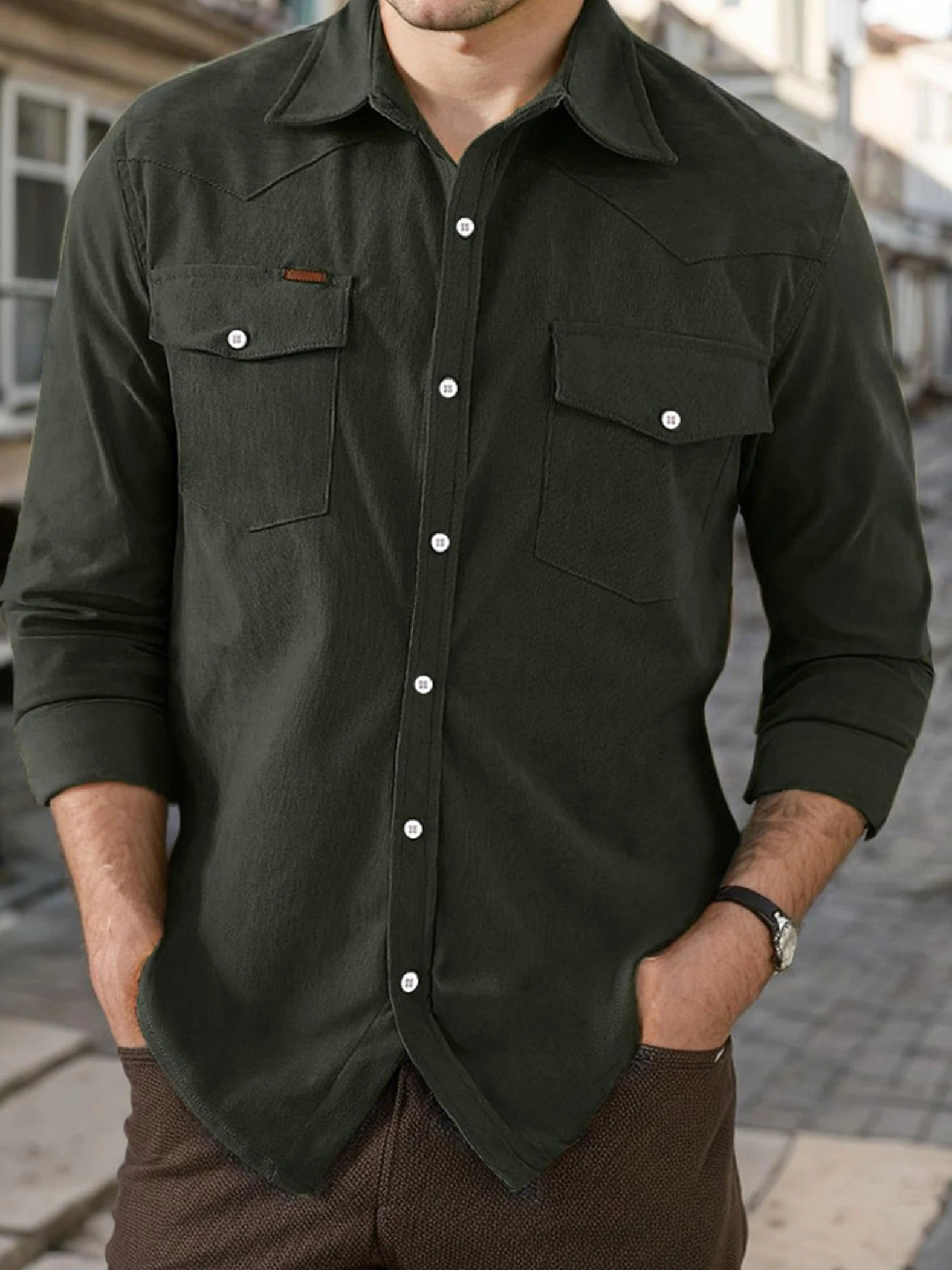 

Men's Corduroy Flap Pocket Western Casual Long Sleeve Button Shirt Jacket