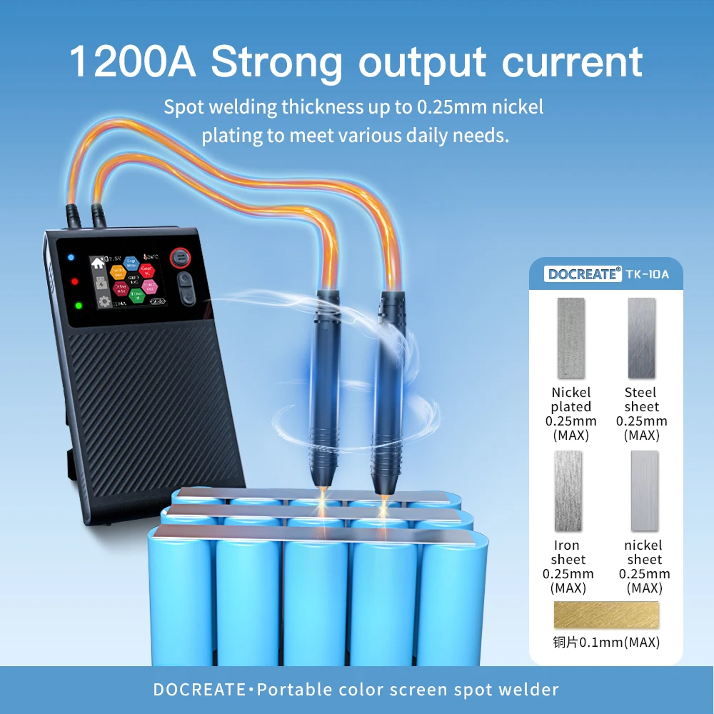 DOCREATE TK-10A ماكينة لحام البقعة المحمولة 1200A شاشة الكريستال السائل بطارية 8000mAh لحام النبض المزدوج 0.25 مللي متر لوحة النيكل سريعة
