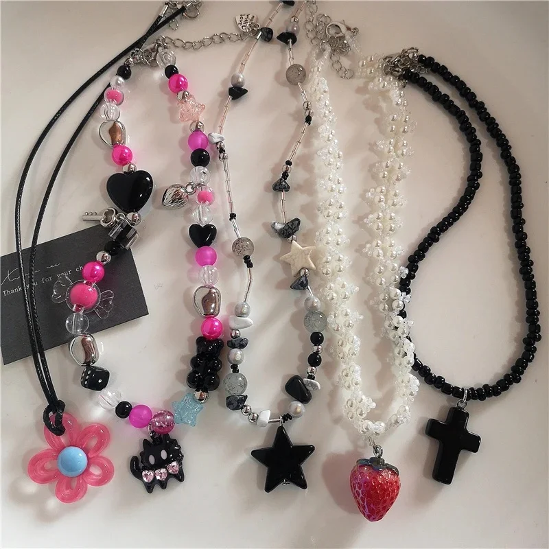 Goth akrylowy kwiat gwiazda truskawka wisiorek perła koralik Choker naszyjnik Vintage estetyczne śliczne kobiety biżuteria EMO Y2K akcesoria — zdjęcie 2