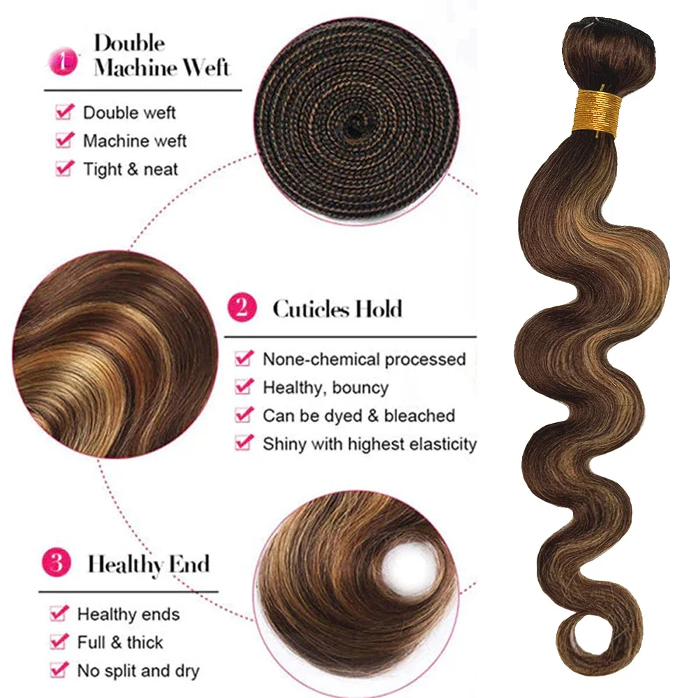 36 38 Inch Highlight Body Wave Bundles 100% Human Hair Unprocessed Brazilian Virgin 1 3 4 Pcs Raw Hair Bundles Weave Extensions image 2