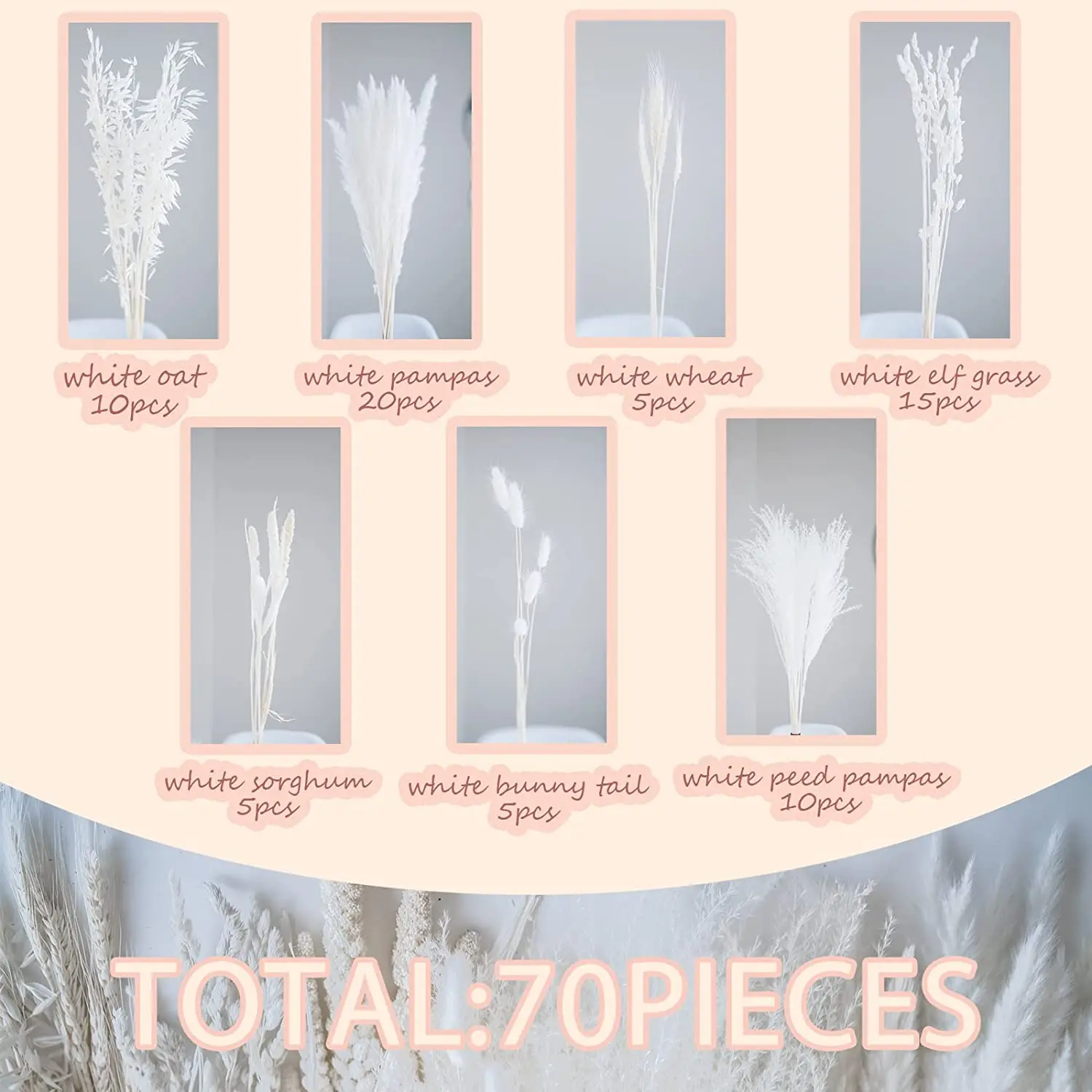 75PCS Natural Fluffy Pampas Grass Phragmites Rabbit tail Grass Bouquet Boho Style Home Office Flower Arrangement Vase Decoration