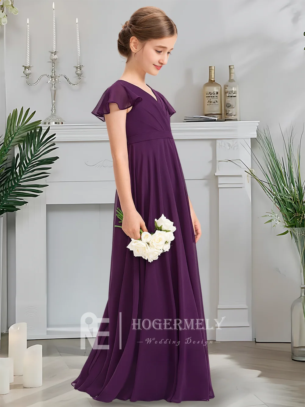 فستان وصيفة العروس الصغير الفاخر برقبة على شكل حرف v فستان فتاة الزهور من البرقوق الملكي بطول الأرض شيفون مع فيونكة متتالية وكشكشة لحفلات الزفاف