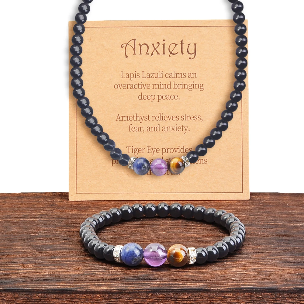 2 Stück/Set modisches Obsidian-Hämatit-Naturstein-Armband-Halskette, cooles und modisches Herrenschmuckset