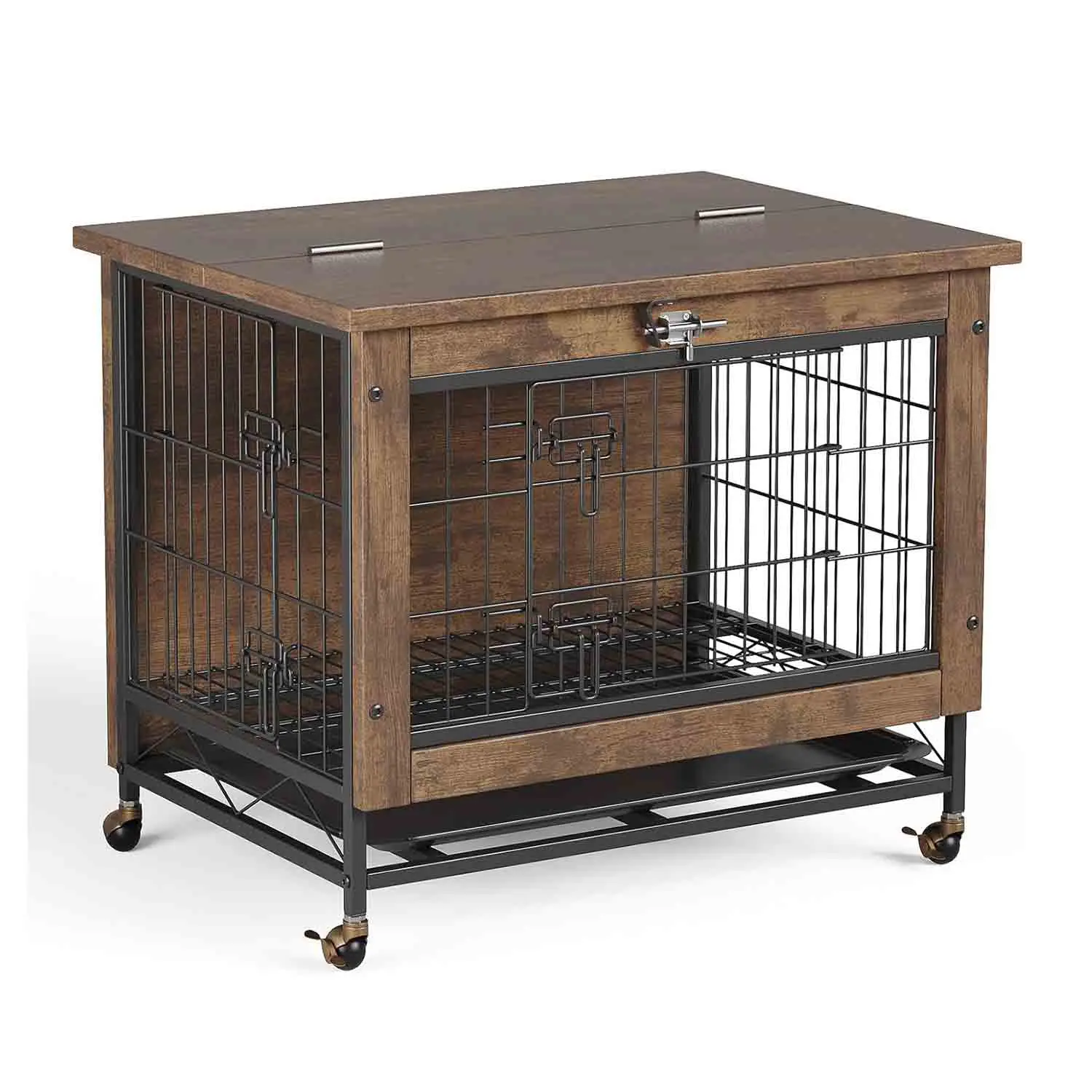 HiMISS Wooden Dog Crate Furniture for Small & Medium Dogs, Heavy Duty Carbon Steel Frame, Double Doors, Top Opening, Removable Tray, Wheels, Chew-Resistant, Indoor Modern Dog House