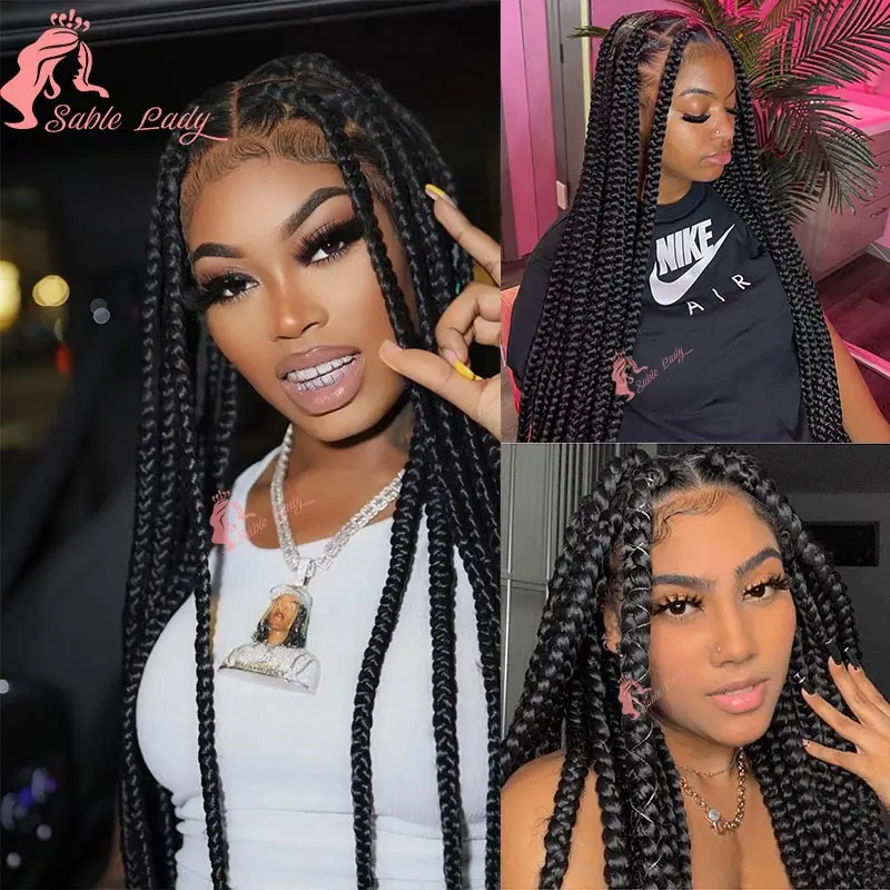 Synthetic Jumbo Box Braided Wig Full Lace Front Big Box Braids Wig Natural Color Straight Long Cornrow Knotless Braids Wig 36''