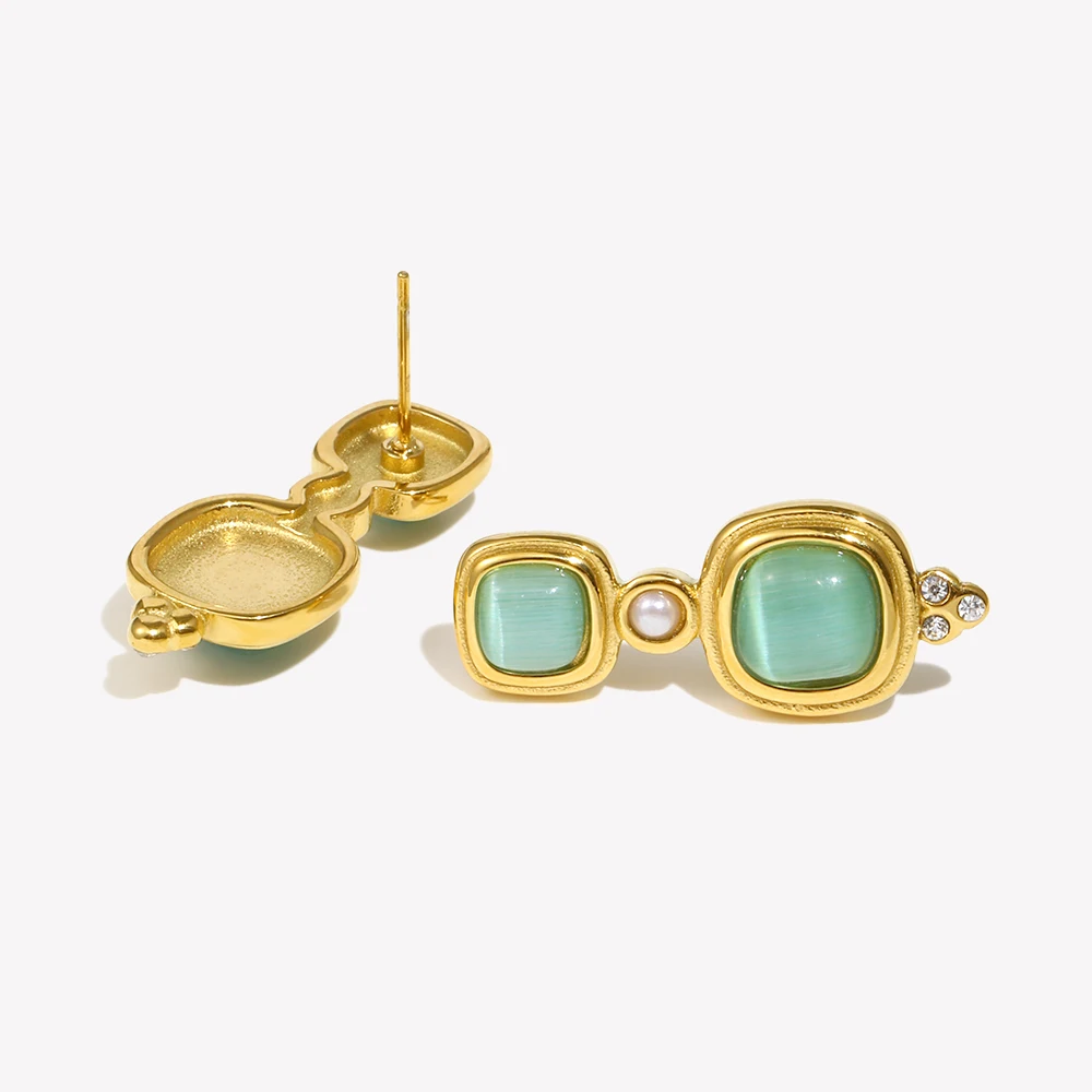 E.B.belle Vintage Style Rhinestone Square Green Gemstone Stud Earring  316L Stainless Steel 18K Gold Plated Hypoallergenic Charm