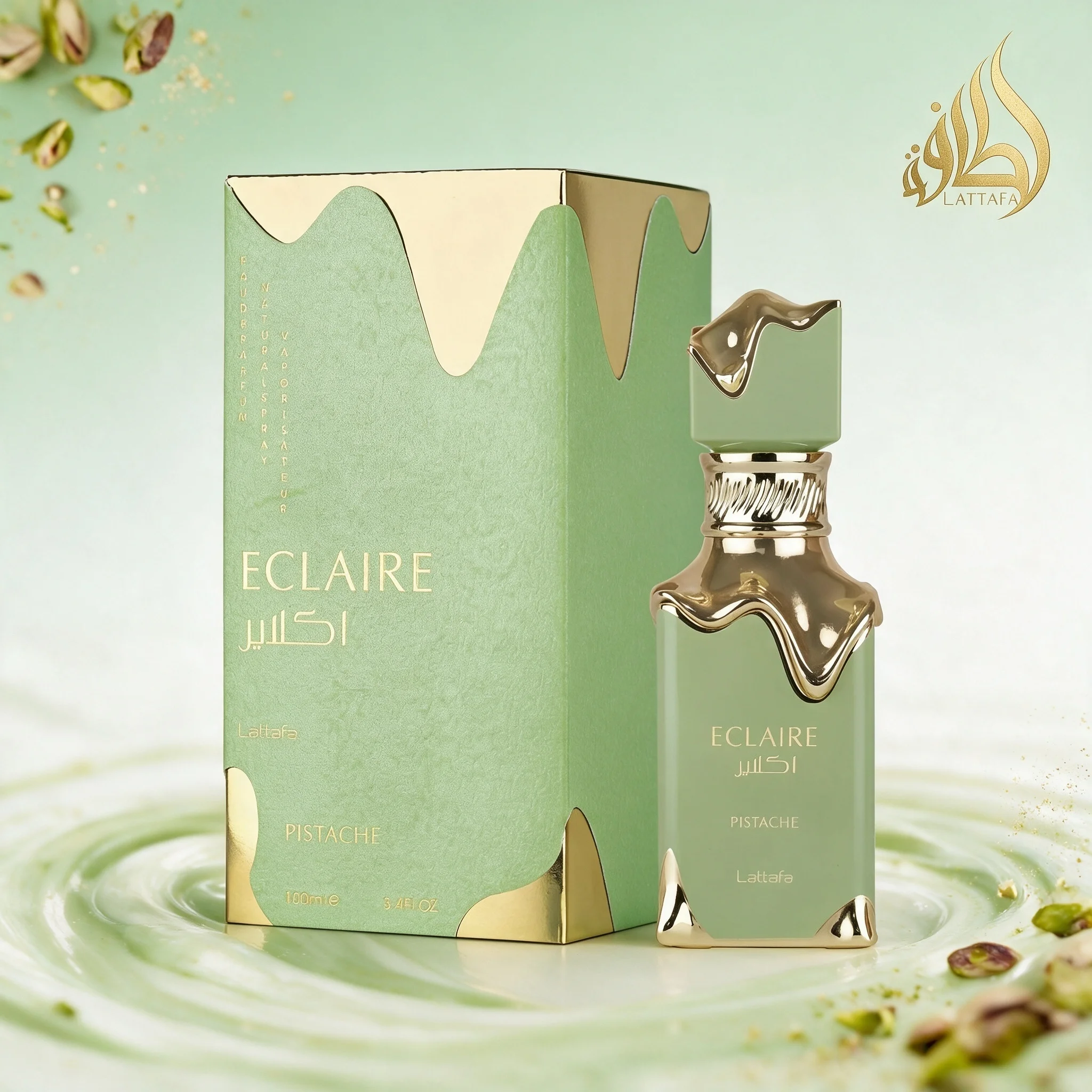 Eclaire Pistache di Lattafa Eau De Parfum 100ml Confezione Verde Oro Fuso Unica Fragranza Fresca e Dolce