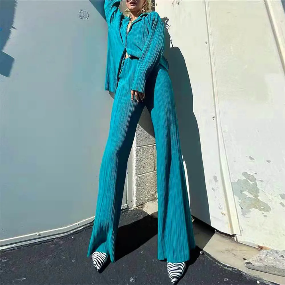 2022 Causal Loose Home Suit Autumn Long Sleeve Blouse With High Wasit Pants Set Women Elegant Pleated Beige 2 Piece Pant Sets