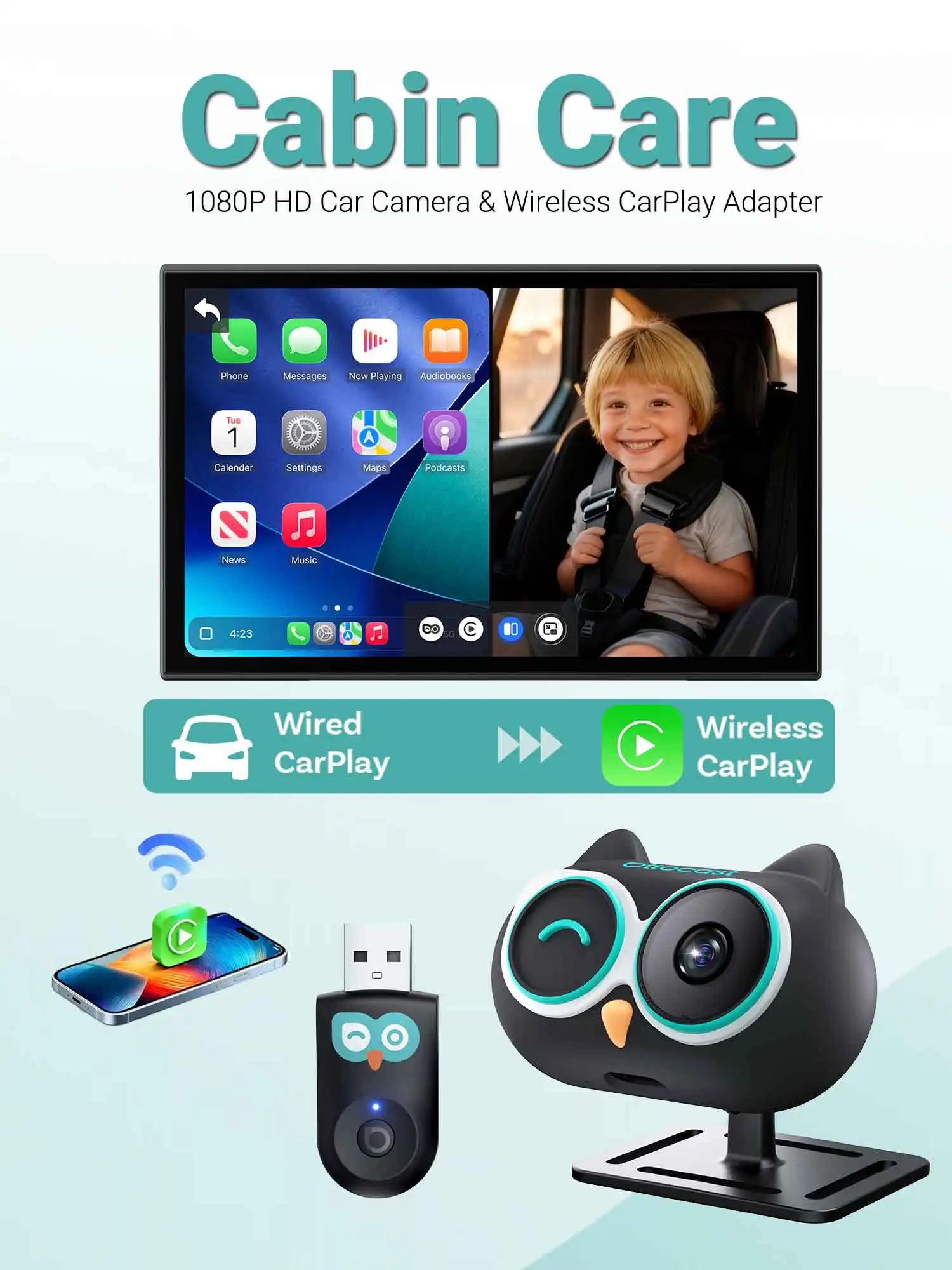 Ottocast Cabin Care draadloze CarPlay adapter met 1080p HD babyautocamera achteruitrijcamera op het autoscherm voor huisdieren en baby's - afbeelding 2