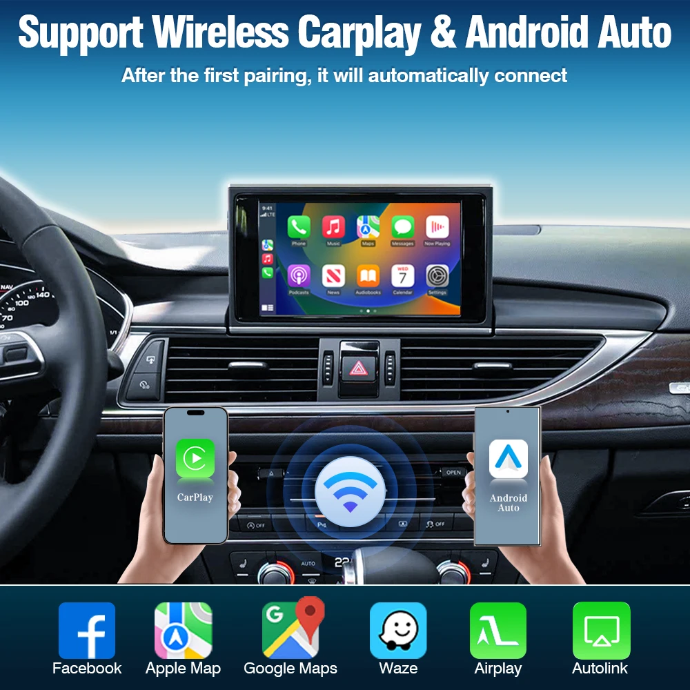 Boîtier décodeur AUTOTOP CarPlay sans fil et Android Auto pour Audi A8 A8L S8 D4 4H 2010-2017 MMI 3G HN+ HNav+ BNav, interface de rétrofit pour écran d'origine, AirPlay, MirrorLink, Bluetooth, AUX, USB, caméra OEM, commande au volant