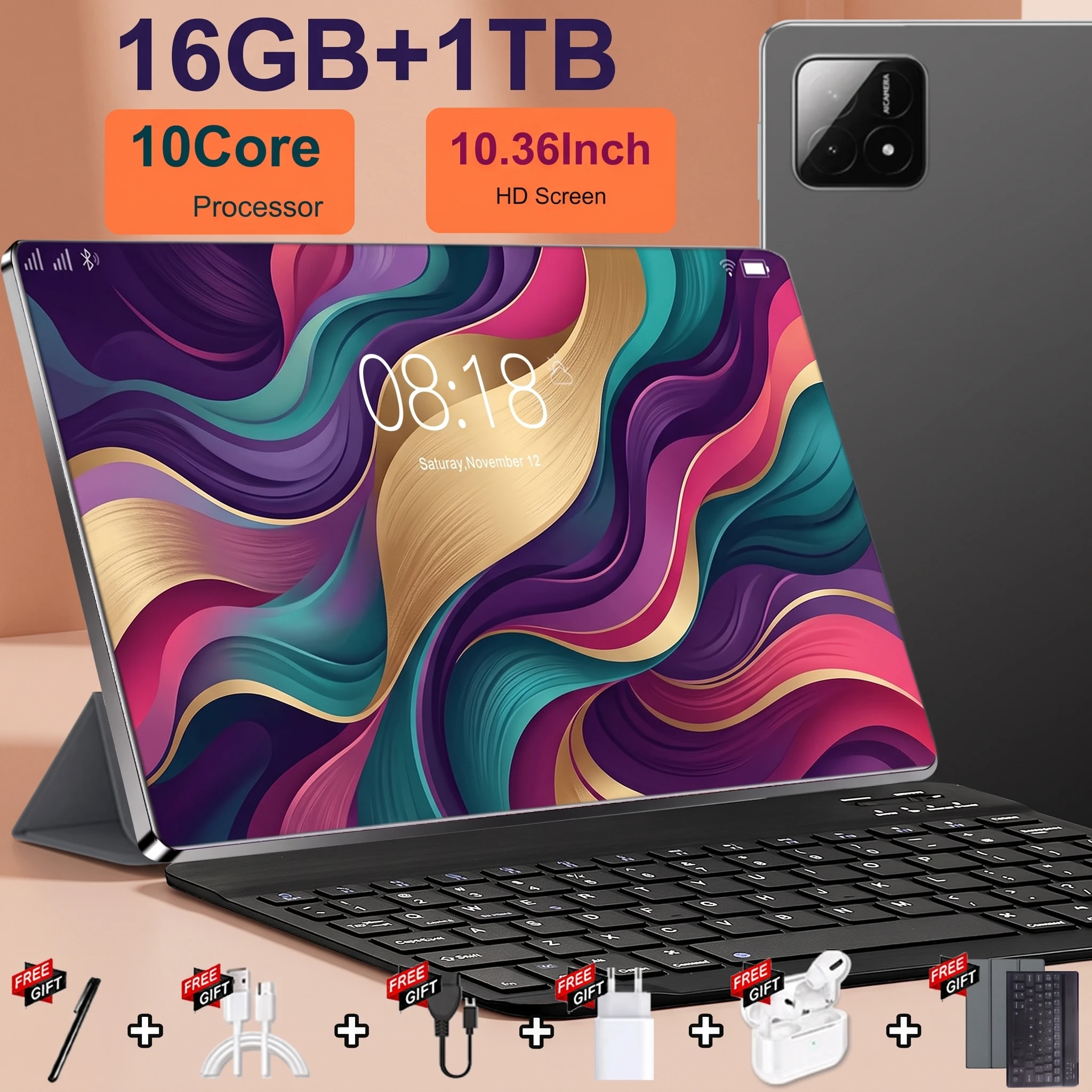 Nueva Tablet PC de 10.36 Pulgadas 2026, Android 13.0, 16GB RAM, 1TB ROM, 12000mAh, 14 Núcleos, 5G, Doble SIM, Bluetooth, GPS, con Teclado