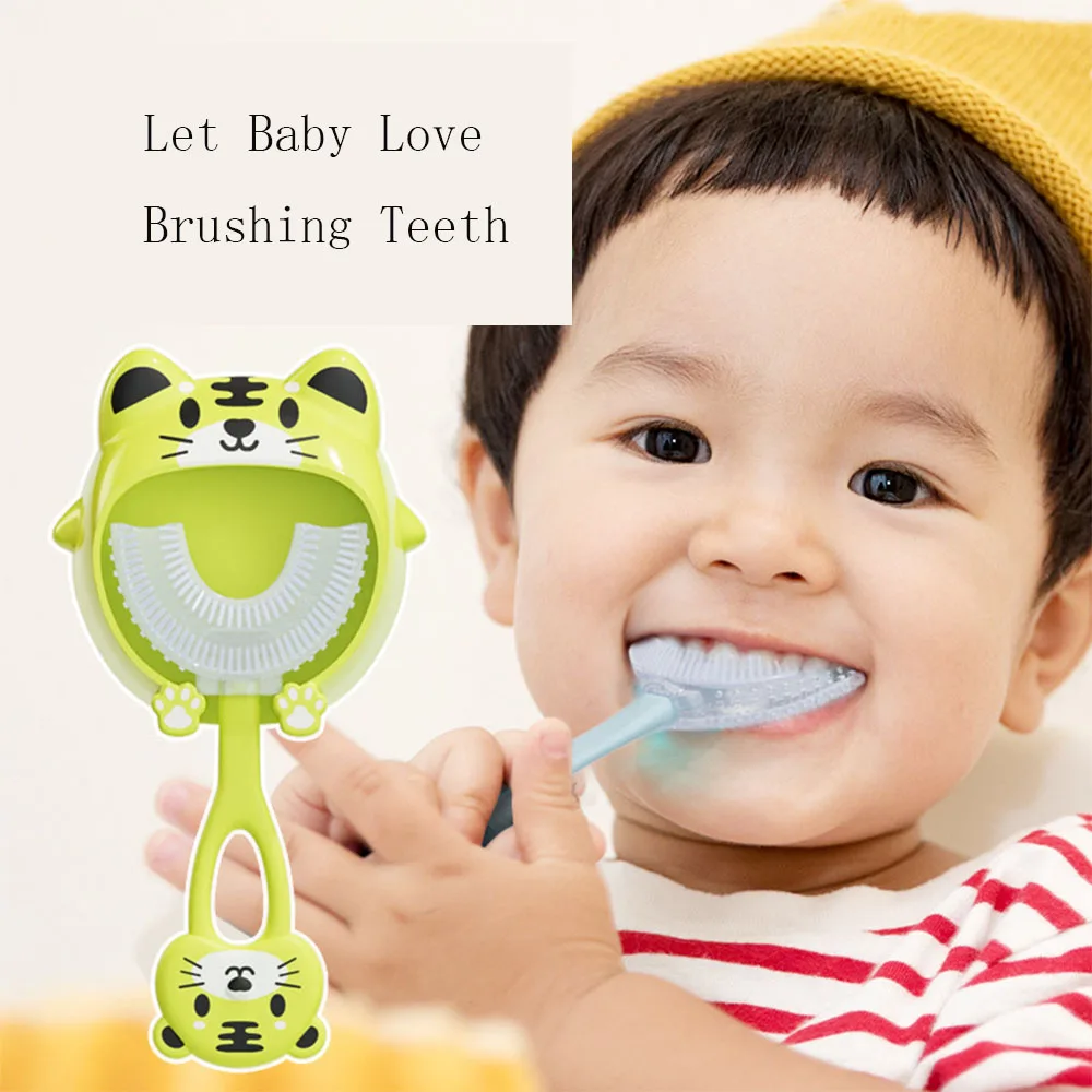 360°U-Shaped Children\'s Toothbrush For 2-12 Years Old Soft Bristle Silicone Kids Teeth Oral Care Cleaning