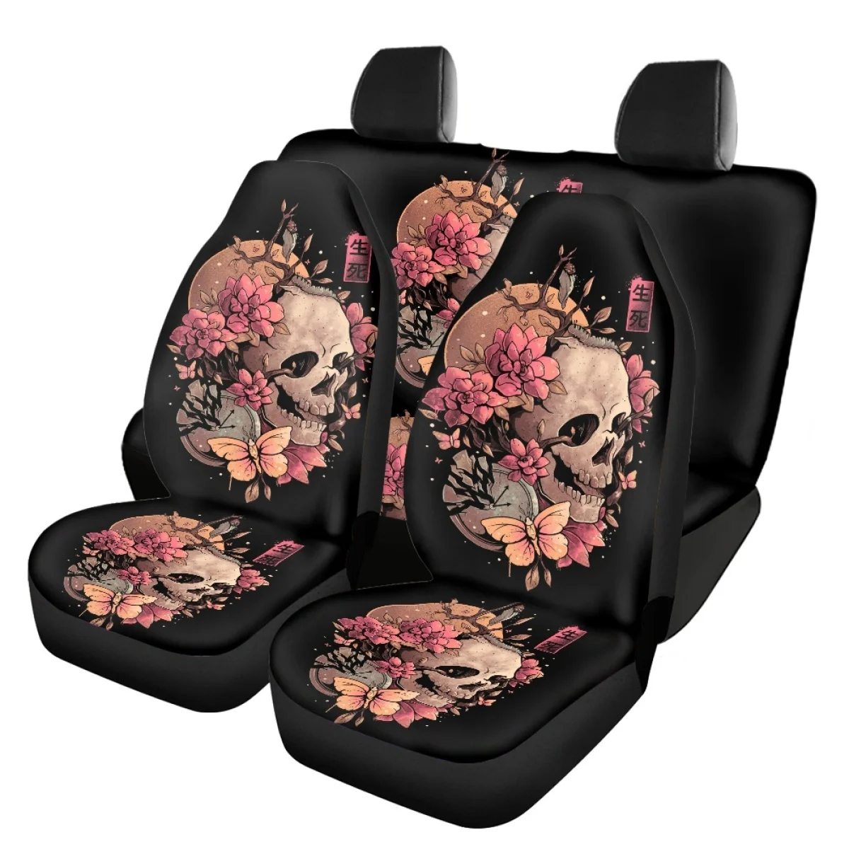 

Fashion Skull Literary Flower Auto Front Back Seat Cover Set Anti-dirt Comfort Material 4Pcs Car Accessories for Woman Men 2023