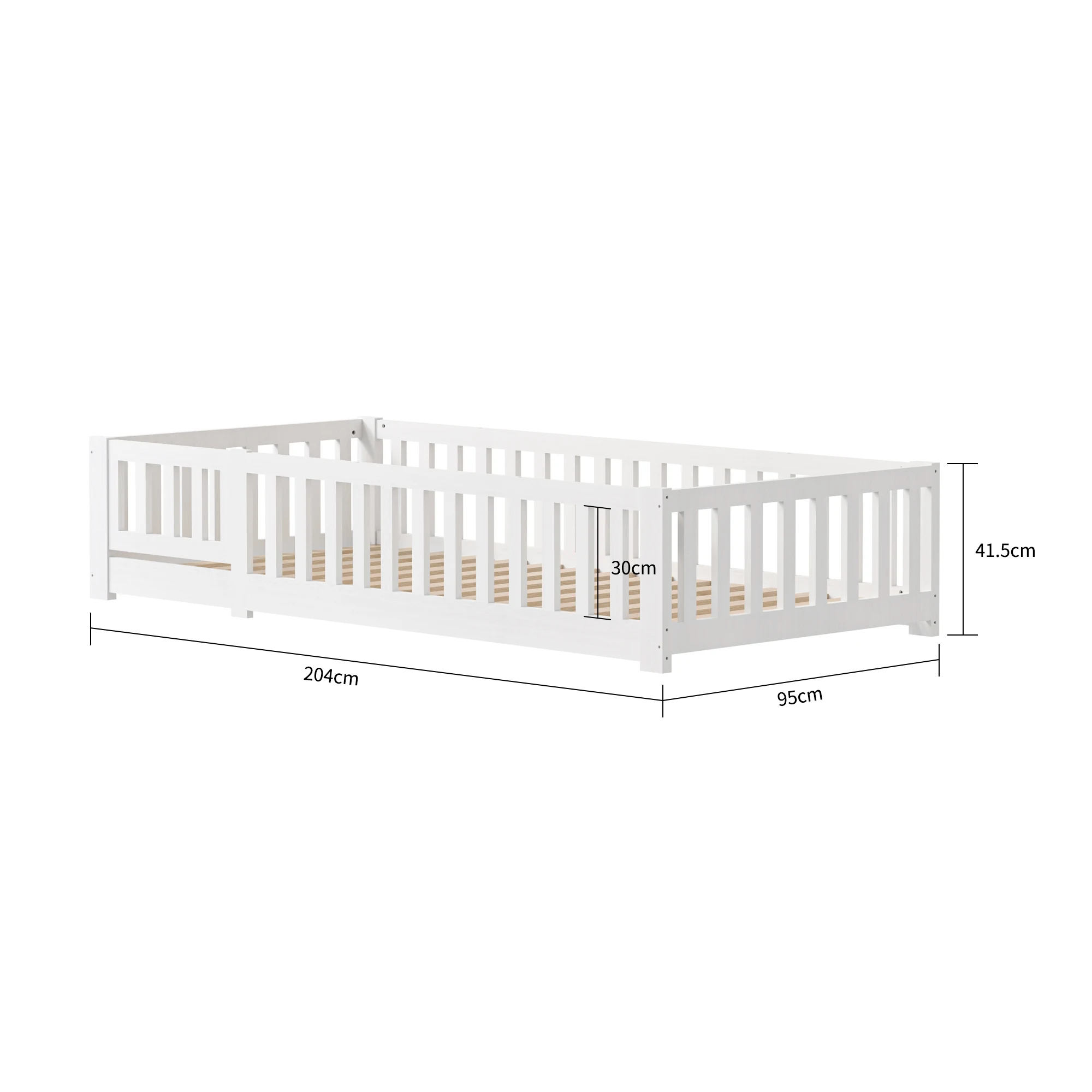 Picture 3: Superaly Children's Bed 90x200cm,Floor Bed with Fall Protection & Slatted Frame,Single Bed,Wood Bed Frame,Bed Cot,White