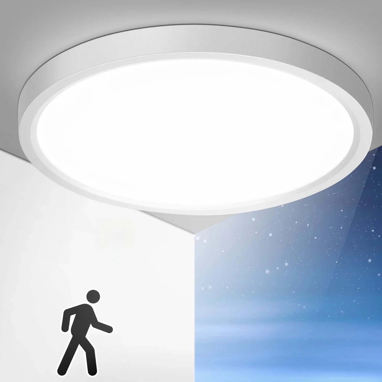LED-Deckenleuchte mit Bewegungssensor, 24 W, 2400 lm, 4000 K, Ø30 cm, für Flur, Balkon, Garage, Lagerräume