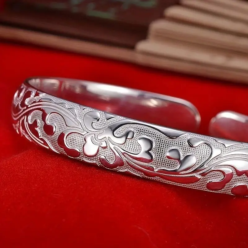 

Floral Sterling Silver Bracelet – 925 Silver Vintage Open Bangle, Romantic Jewelry Gift for Mom/Wife/Girlfriend