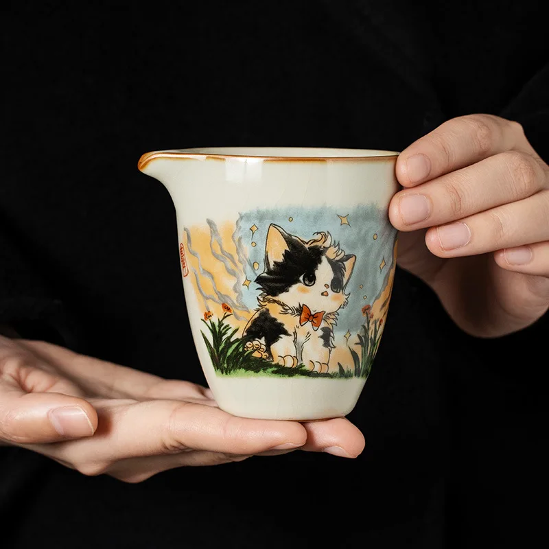 Cute Cat Ceramic Opening Porcelain Fair Cup Chinese Kung Fu Tea Zen Ru Yao Tea Sea Teacup Teaware Yellow Tea Ceremony Utensil