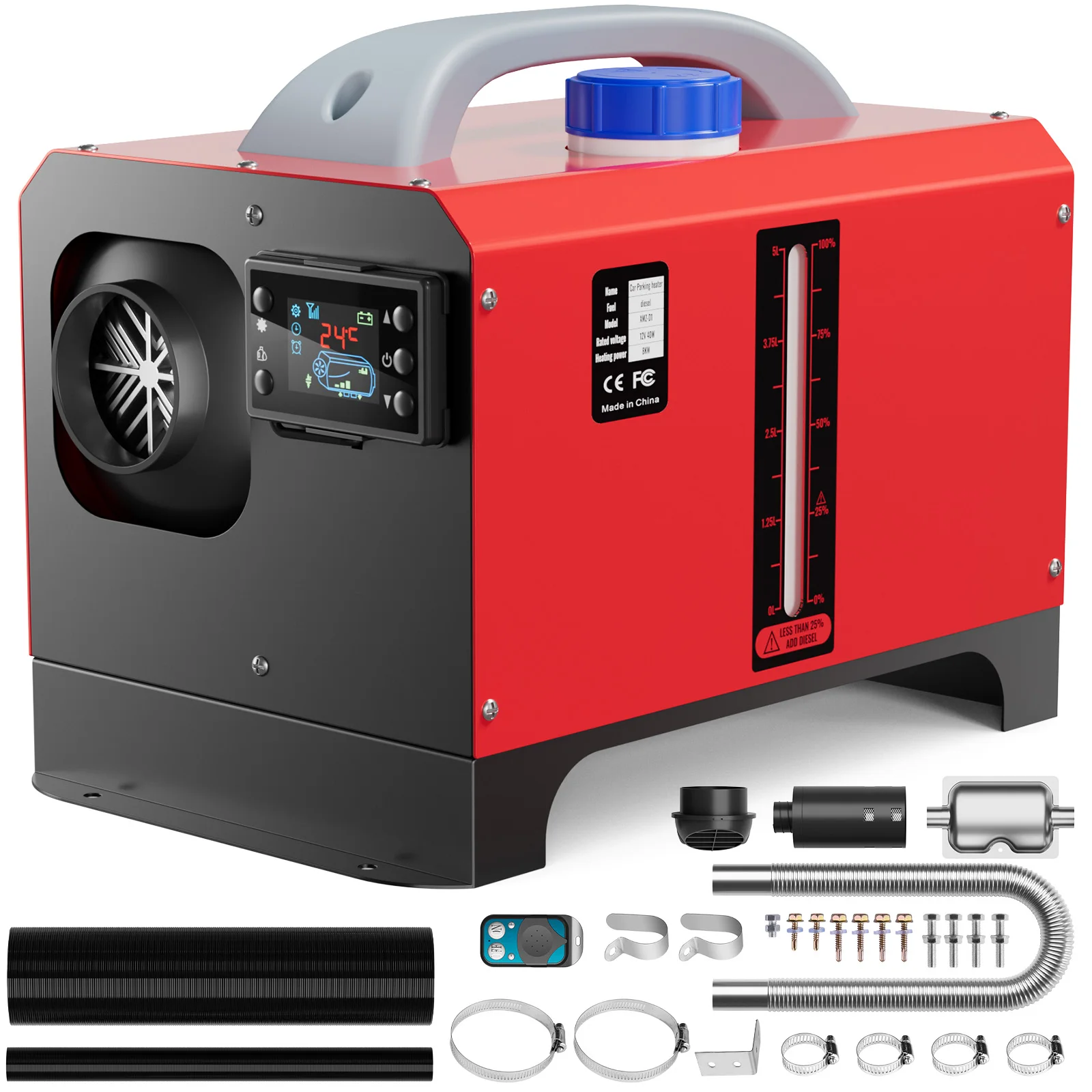 Diesel Heater 12V, 8KW Air Heater with LCD Switch & Remote Control, All in One Diesel Parking with 5L/1.3Gal Fuel Tank, Fast Heating for Car RV Boat Truck Trailer Tent Campers, Red