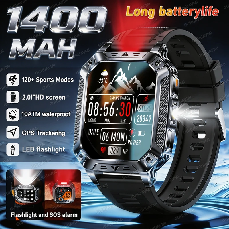 

2026 New 1400mAh Military Smart Watch Men 2.01"AMOLED GPS Path 10ATM Waterproof LED Flashlight Outdoor Sport Fitness Smartwatch