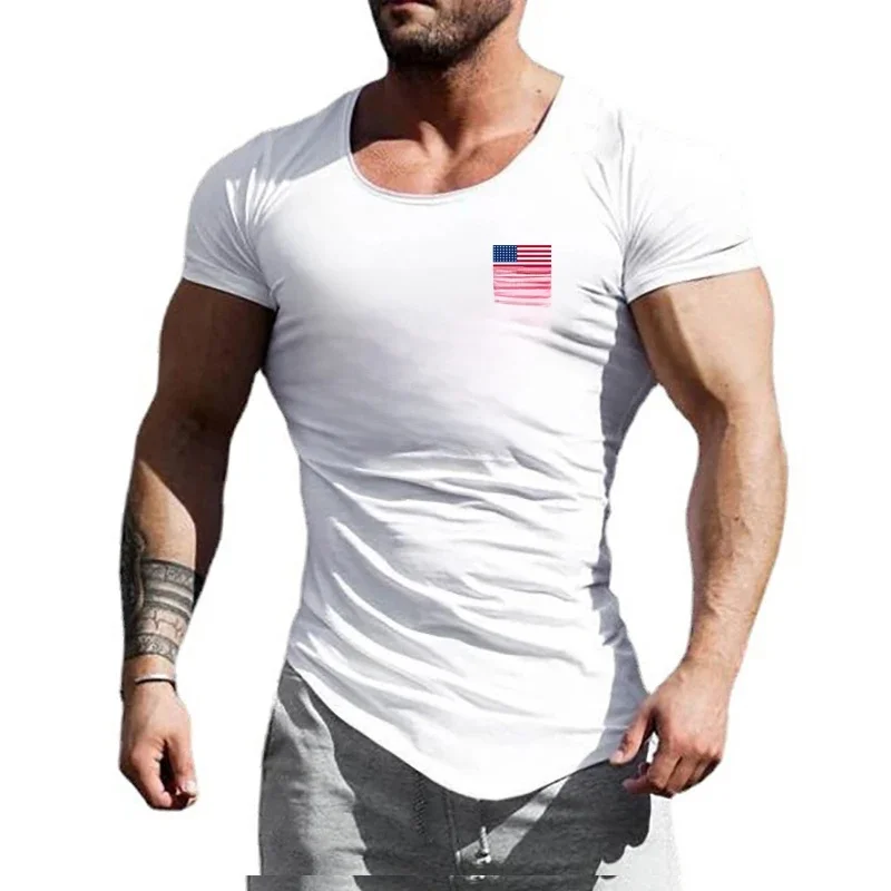 Letnie bawełniane oddychające koszulki z krótkim rękawem siłownia Fitness kulturystyka koszule Slim Fit mięśni męskie nieregularne brzegi odzież sportowa — zdjęcie 2