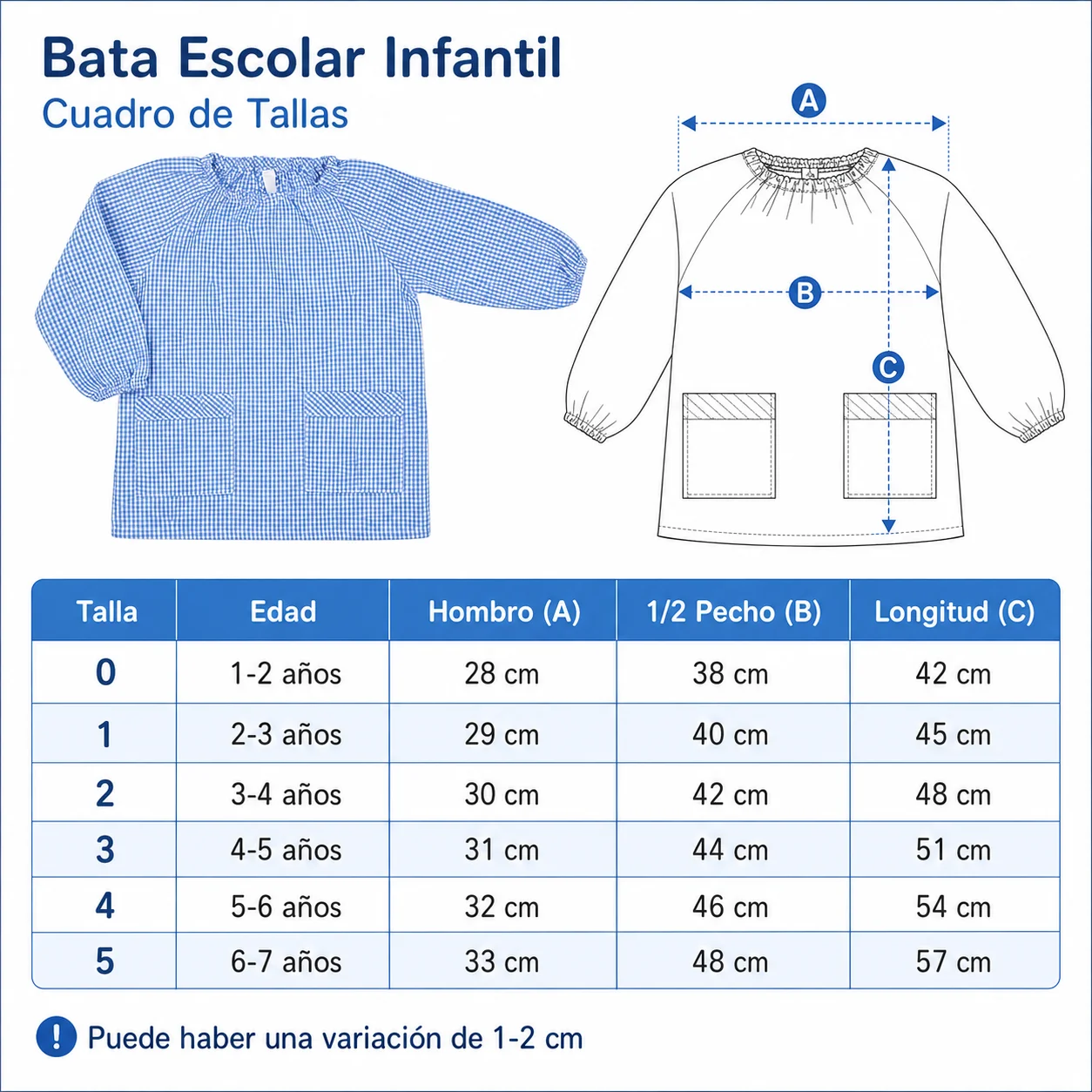 Bata Escolar Infantil Babi Cuadros Vichy Sin Botones con Cuello y Puños Elásticos Unisex Niño Niña Guardería Preescolar Colegio Manualidades Pintura Vuelta al Cole Tallas 1-7 Años Varios Colores