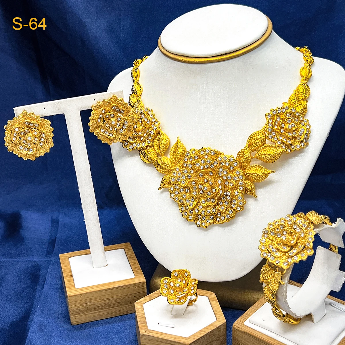Indisches vergoldetes Schmuckset für Frauen, afrikanische Braut, 24 Karat Goldfarbe, große Blume, Halskette, Ohrringe, Set, Dubai, nigerianischer Großhandel
