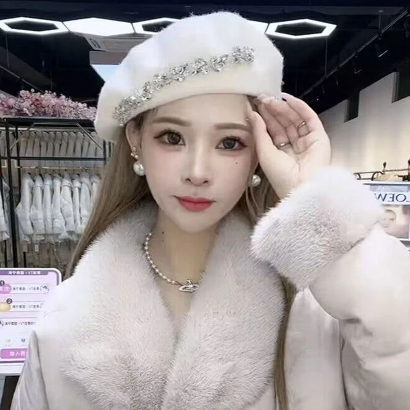 Beret cap Korean version trendy and fashionable wool beret, Woman beret, westernized water diamond, autumn and winter versatile