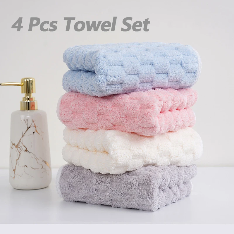 4pcs Soft Absorbent Towel Set, Coral Fleece Microfiber Hand Towel, Multicolored Lint-Free Quick-Drying for Bathroom & Home