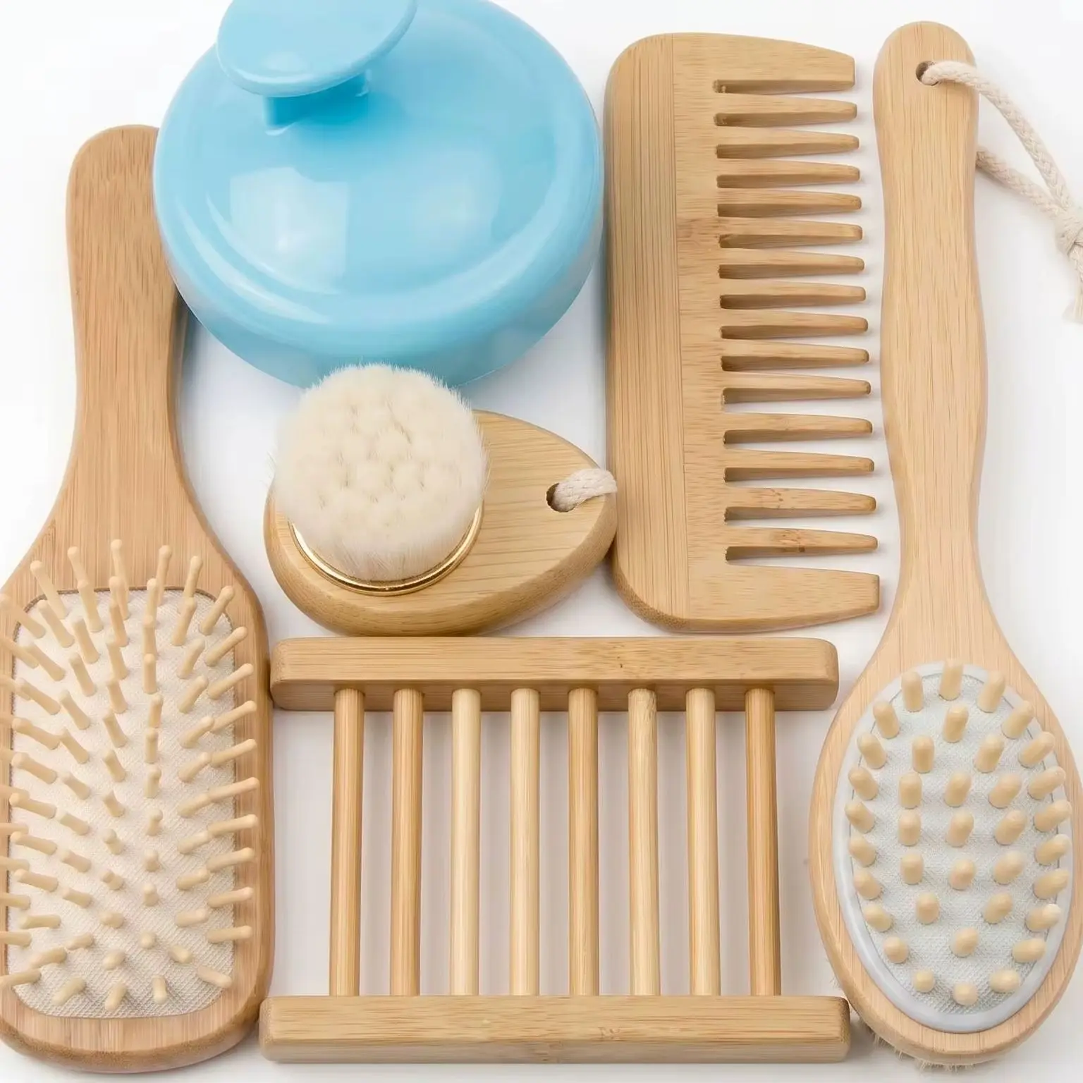 6Pcs Natural Bamboo Bath Body Care Set Wooden Detangling Hairbrush Scalp Massager Face Cleansing Brush Body Scrubber Soap Dish Spa Gift Kit
