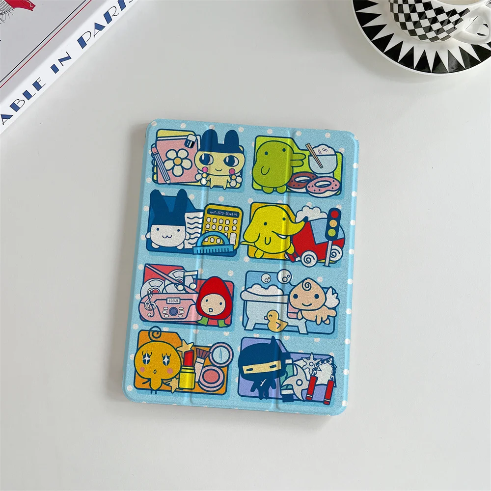 Kawaii Tamagotchi Grid Cartoon iPad Tri-fold Case Auto Wake Sleep For iPad 11
