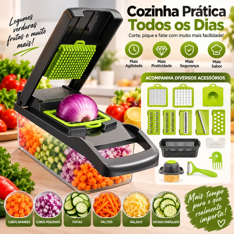 Fatiador e Cortador de Legumes 16 em 1 – Multifuncional com Coletor