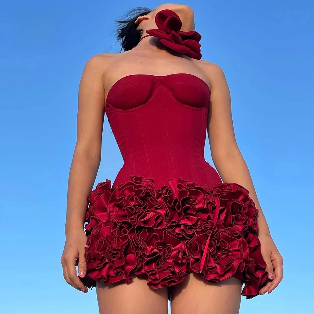 VC Sukienka świąteczna Bez ramiączek, bez pleców, czerwona, strukturalna, kwiatowa, ozdobiona Mini długość Bodycon Celebrity Party Sukienka koktajlowa — zdjęcie 2