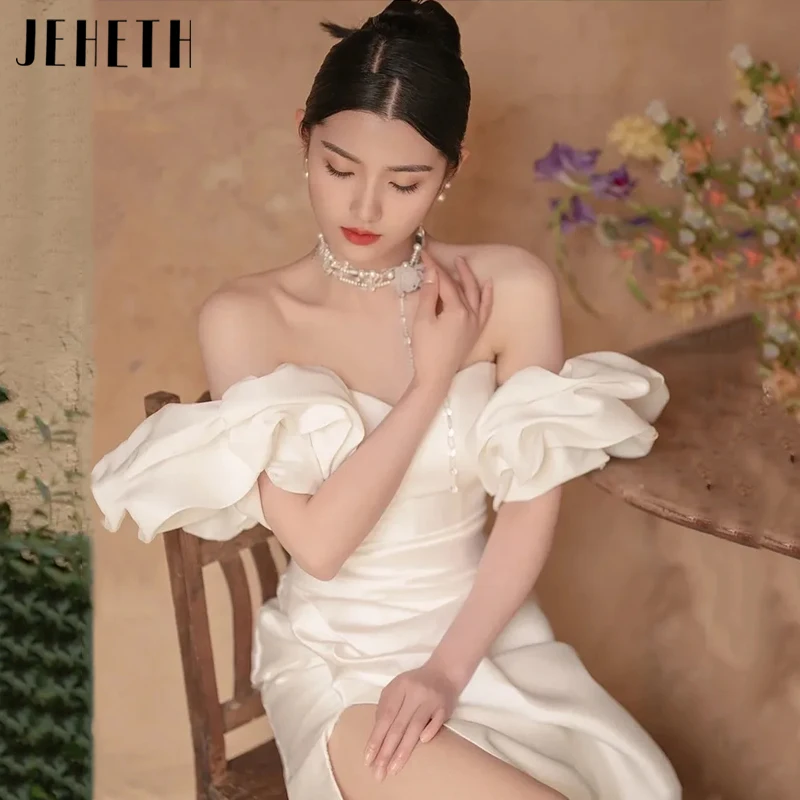 JEHETH Satin Sweetheart Pleat Wedding Dresses A-Line Detachable Puff Sleeves Bridal Gowns Side Split Backless Vestidos De Novia