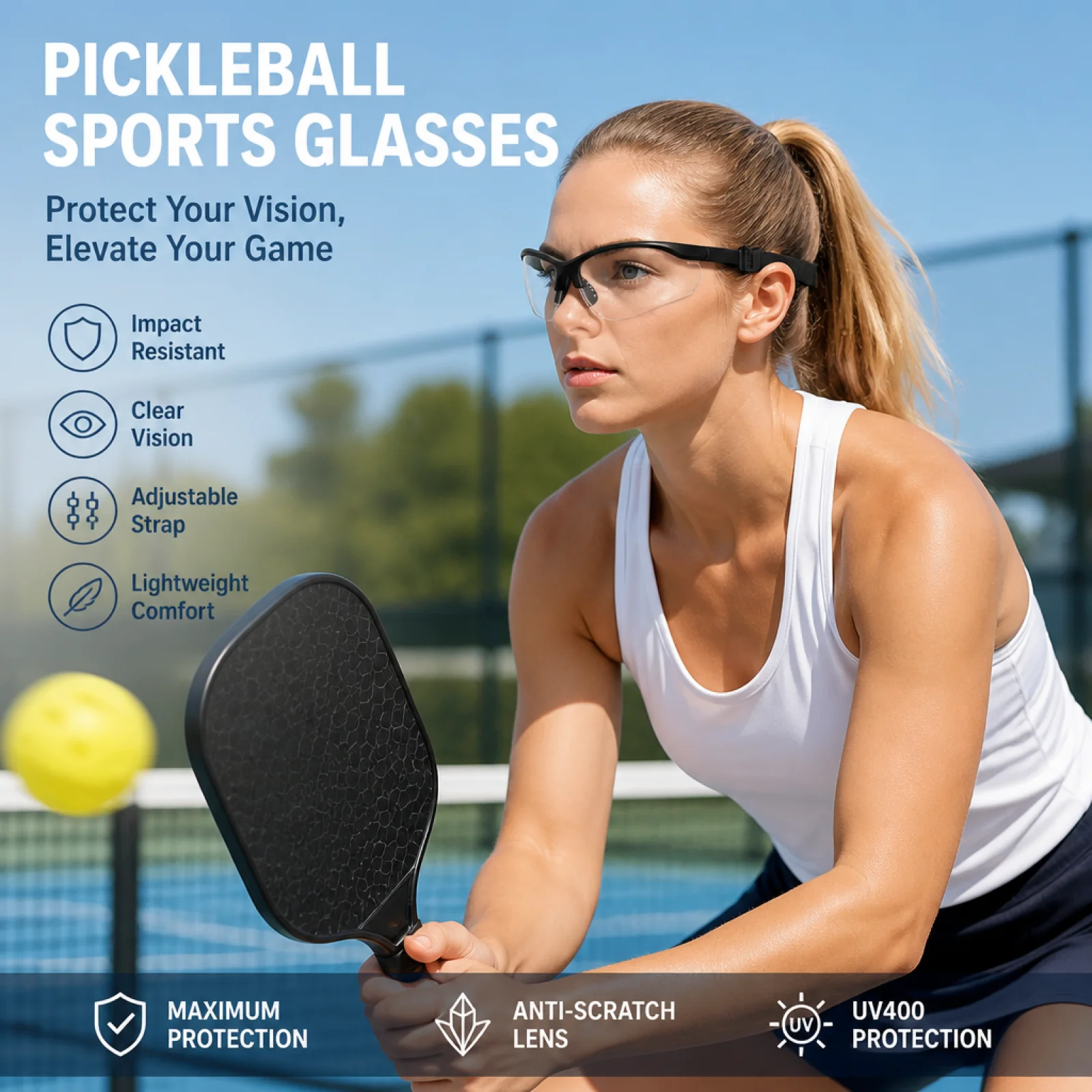 Pickleball Goggles Anti-Fog Adjustable Strap Sports Goggles Scratch-Resistant Racquetball Glasses for Athletes
