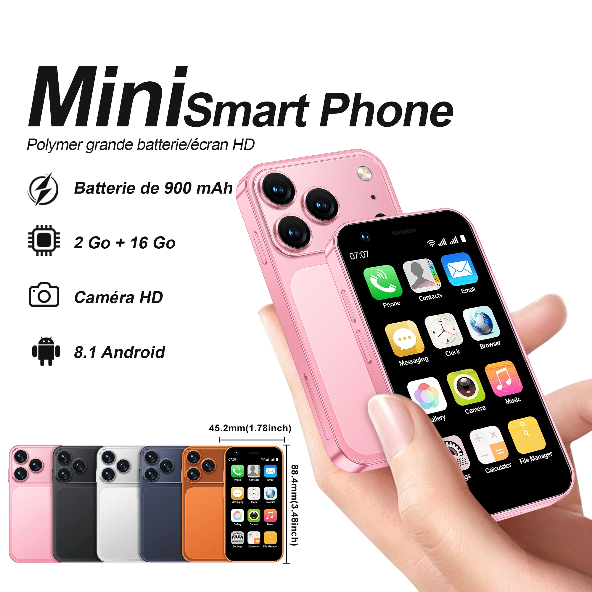 Mini teléfono Android Pantalla de 3.0 pulgadas 3G WCDMA con doble tarjeta SIM, GPS, Wi-Fi, 2GB + 16GB, desbloqueo facial, fundas, mini smartphones