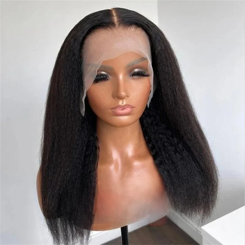 Yaki Zwart 30Inch Lange Kinky Rechte Kant Voor Vrouwen Met Baby Haar Synthetische Preplucked Lijmloze Dagelijkse Slijtage Pruik - afbeelding 2