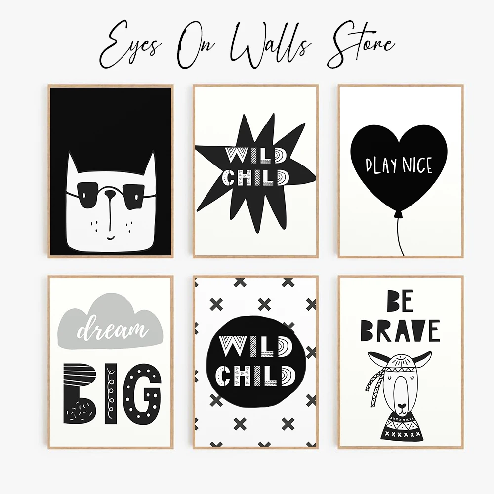 

Minimalist Poster Nursery Quote Canvas Painting Black White Art Print Wild Child Animals Wall Picture Kids Bedroom Home Decor