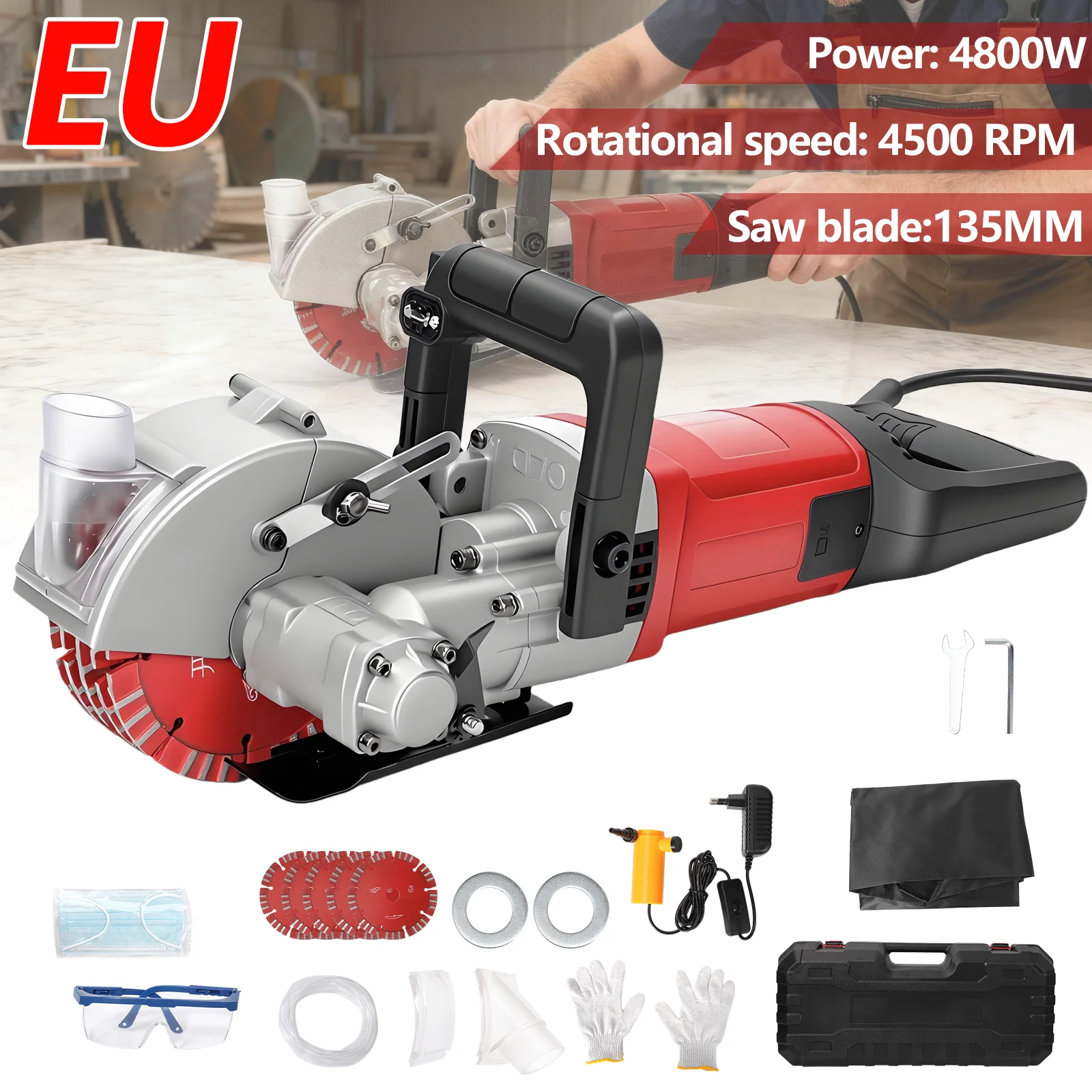 Rainureuse murale 4800W pour béton avec lame de 135 mm et visée laser, scie circulaire électrique multifonctionnelle pour la construction, la rénovation murale et le rainurage de câblage