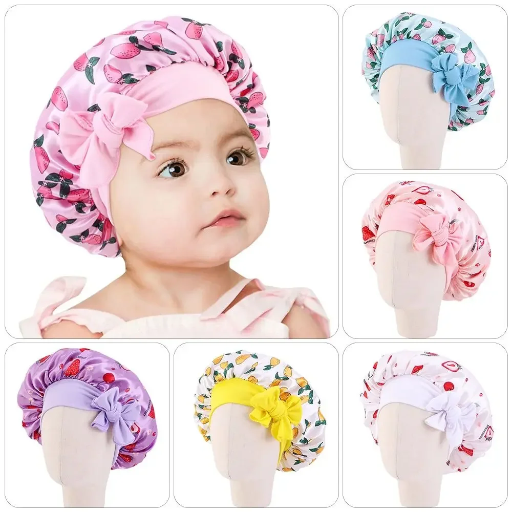 Bonnet de nuit en satin pour enfants, bonnet de douche en soie pour enfants, bonnet de cheveux la nuit, garçon et fille, bonnet de sommeil en soie imprimé floral avec nœud de bande