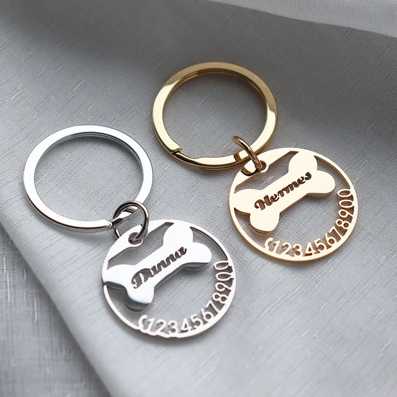 Personalized Customized Dog Name Keychain Phone Number Pet Anti-lost Keychain Stainless Steel 18k Gold Plated Jewelry