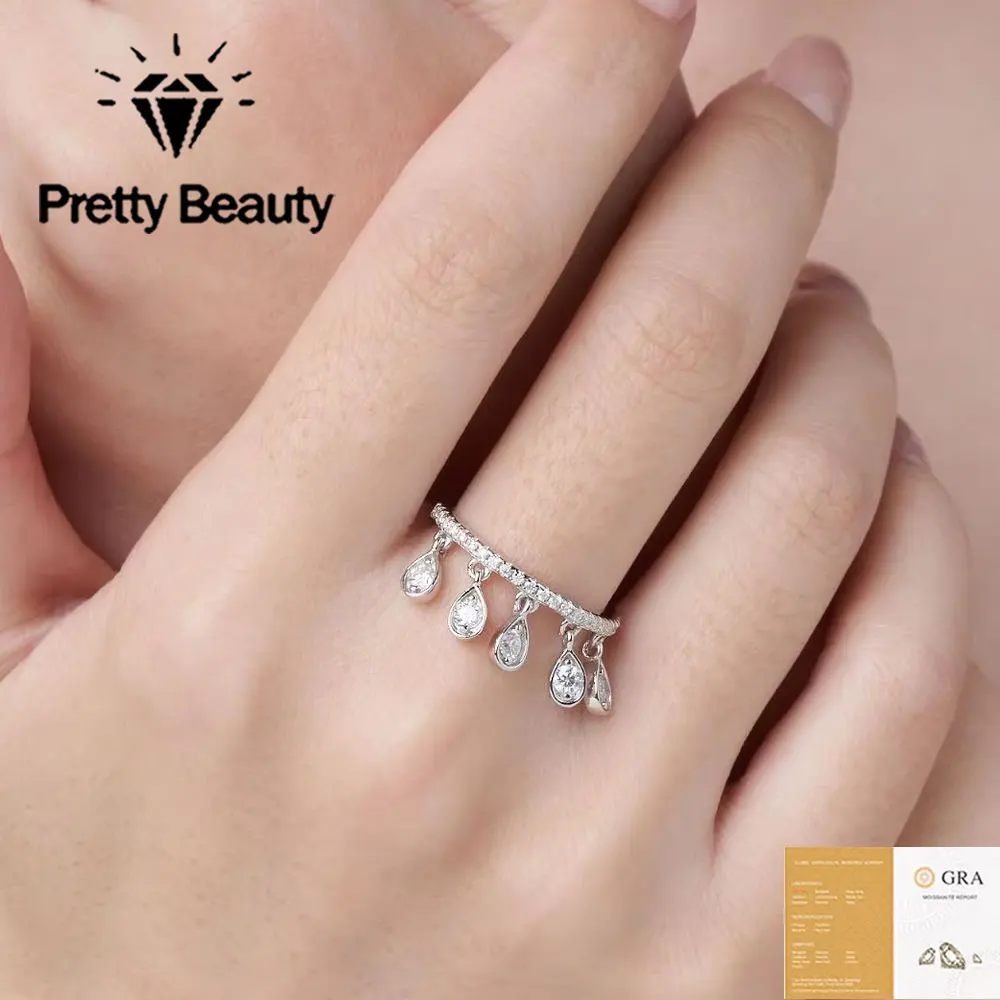 Pretty Beauty S925 Sterling Silver Moissanite Wedding Band for Women Pear Cut Dangle Statement Ring Elegant Dainty Jewelry Gift