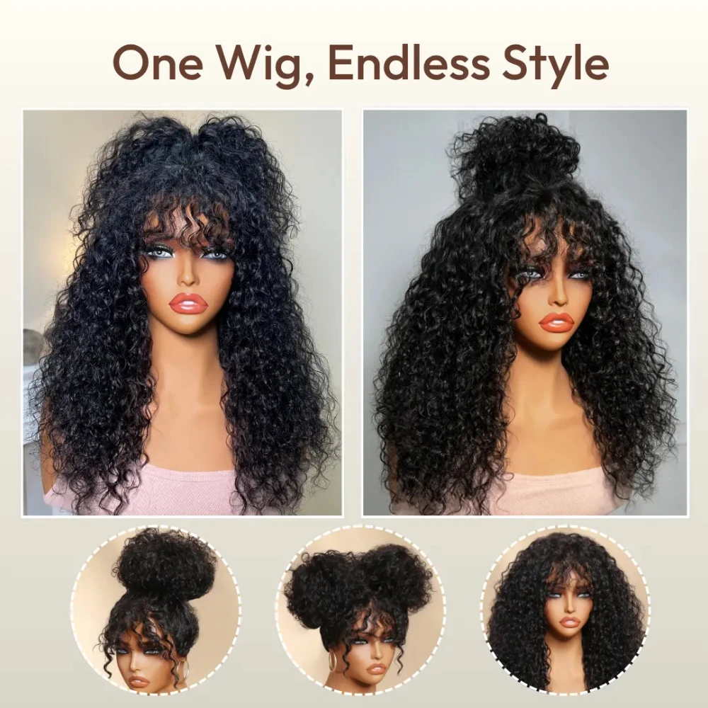 U.S. Local Shipping | UNice Shaggy Curly Wig With Pre-Cut Bangs & Drawstring 4x2 Lace Part Glueless Human Hair Wig 180% Density