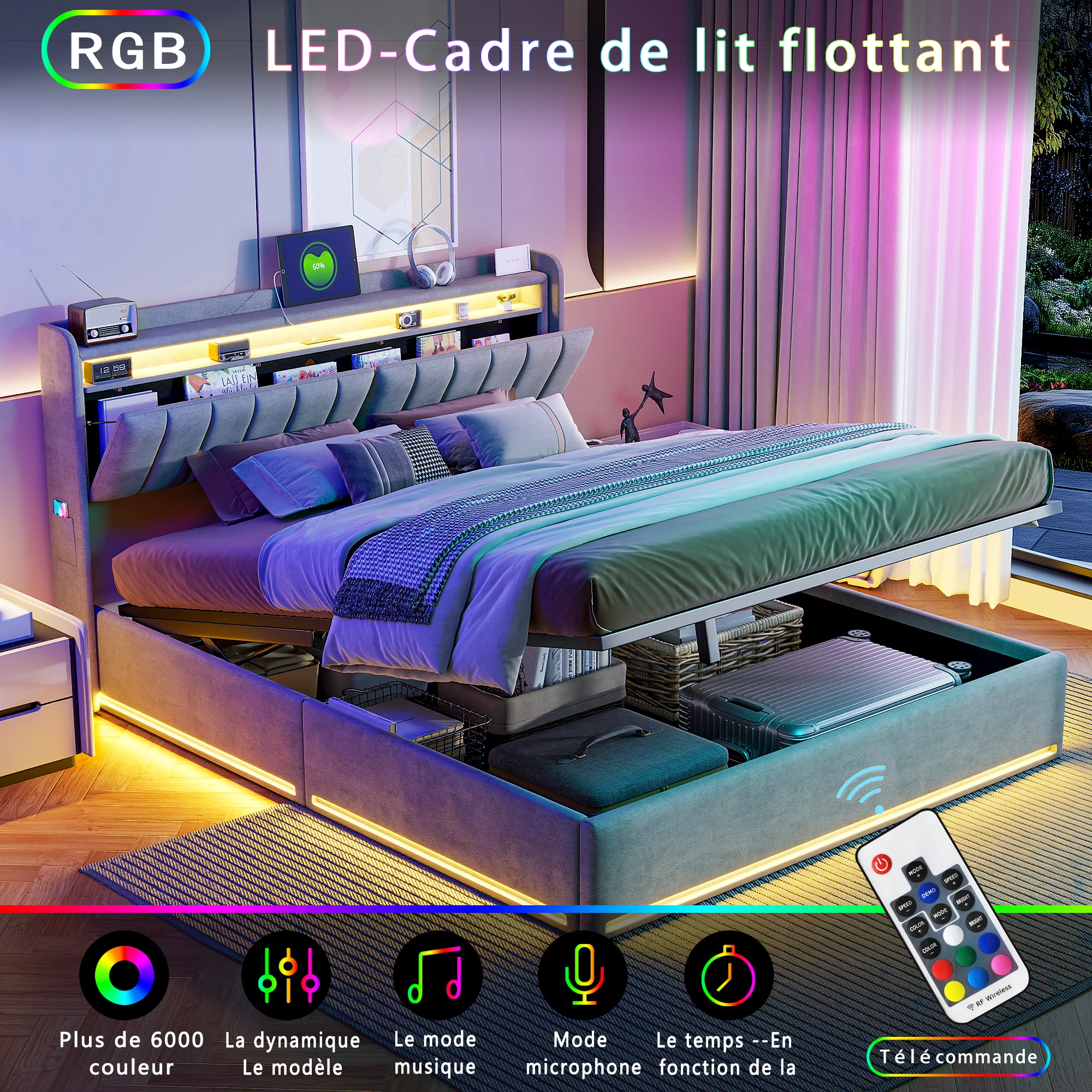 Cama Tapizada con Almacenamiento, Luces LED y Carga USB, Estructura de Cama Doble de Terciopelo con Elevación Hidráulica y Lamas, Sin Colchón