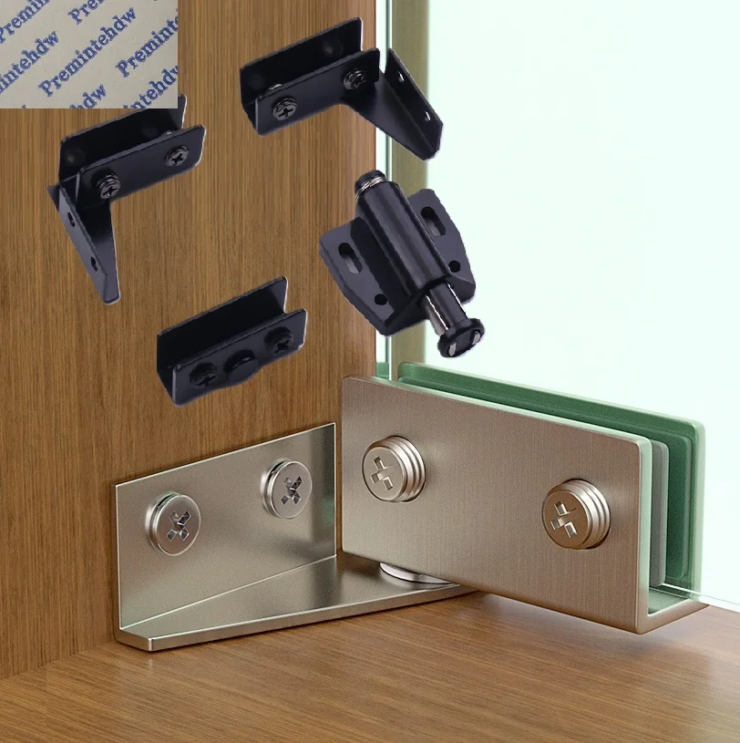 4Packs Stainless Steel Wine Cabinet Glass Pivot Hinge Kit Side Screw Mount Magnet Rebound Catch Black
