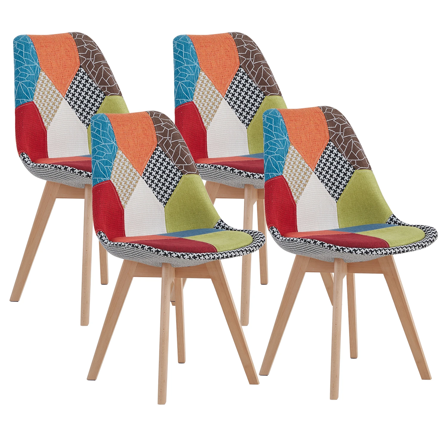 Chaises de salle à manger nordiques, chaises colorées en patchwork avec pieds en bois et siège rembourré, chaise longue pour cuisine et salon, 2/4/6 pièces