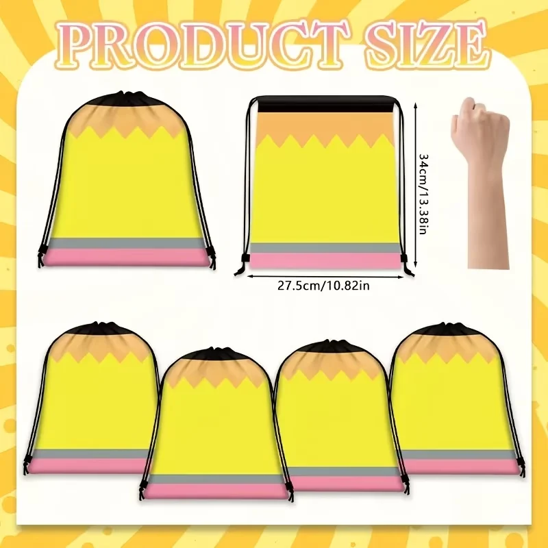 5Pcs Pencil Theme Drawstring Backpack, Portable Storage Sack for Back to School Supplies &class Birthday Party Favors