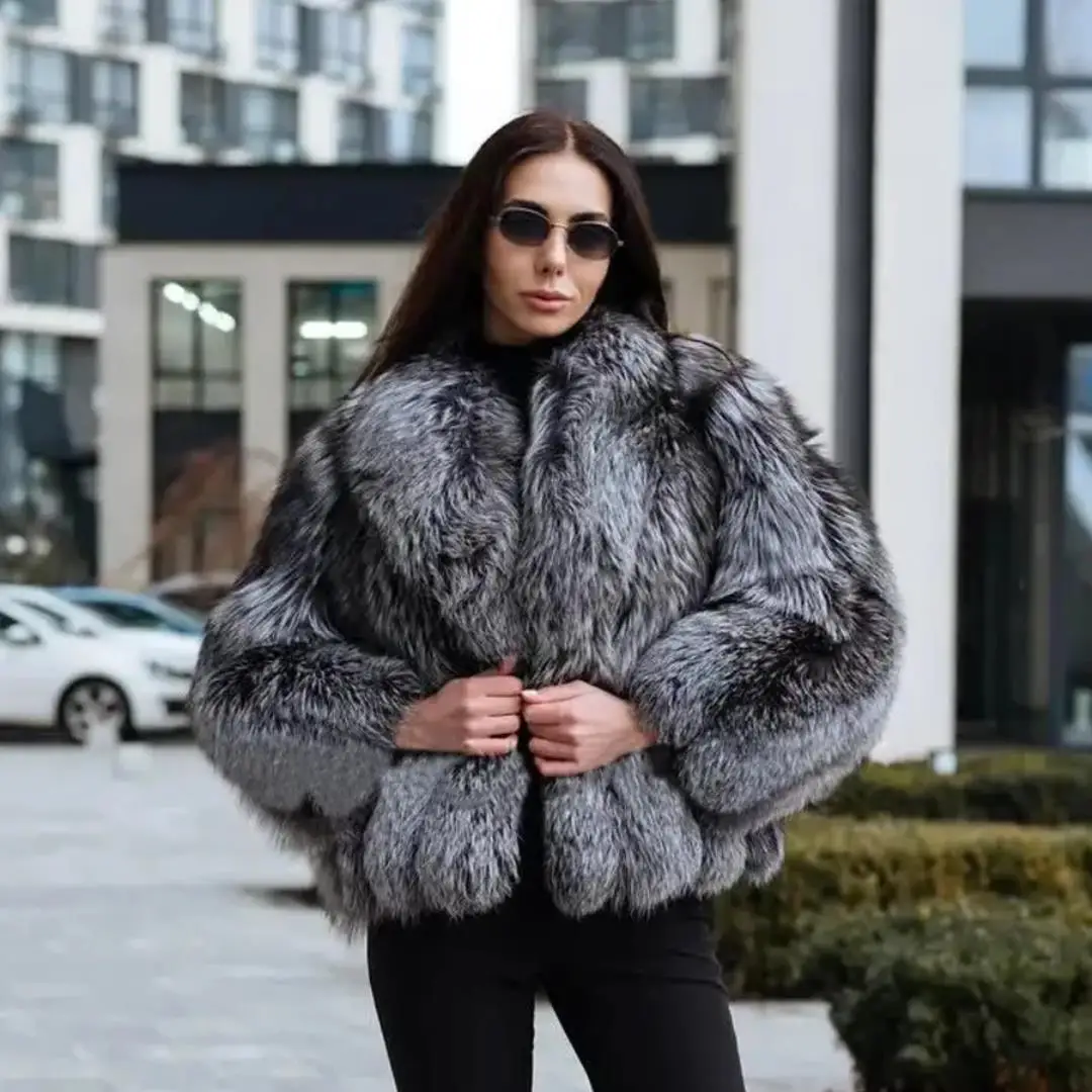 Women Fashion Real Silver Fox Fur Jacket Lapel Collar High Quality Female Genuine Silver Fox Fur Coats Casual Woman Overcoats