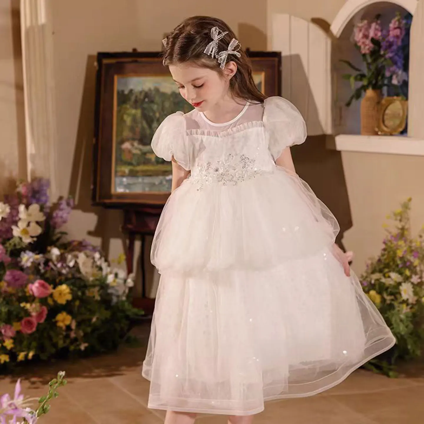 Dreamy Vow J522 Bella o-collo con paillettes a strati in tulle neonata abito da principessa bianco matrimonio festa di compleanno abito da prima comunione