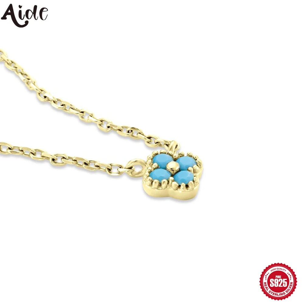 Aide Blue Four Petals Turquoise Pendant Clavicle Chain 925 Sterling Silver Necklace For Women 18K Gold Fine Jewelry Wedding Gift