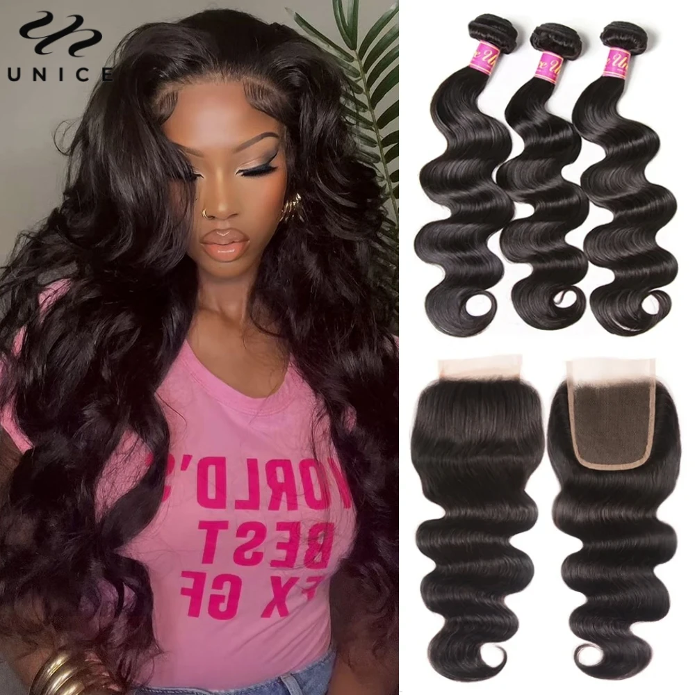 UNICE Hair Body Wave Human Hair Bundles With Closure 100% Human Hair Natural Color Hair Bundles 3PCS With 4X4 Lace Closure